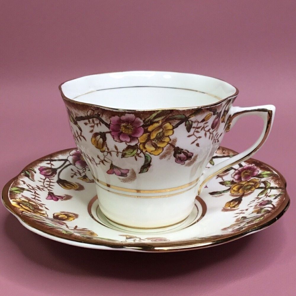 Vintage Rosina Yellow/Gold Flowers England Bone China Tea Coffee Cup &Saucer Set